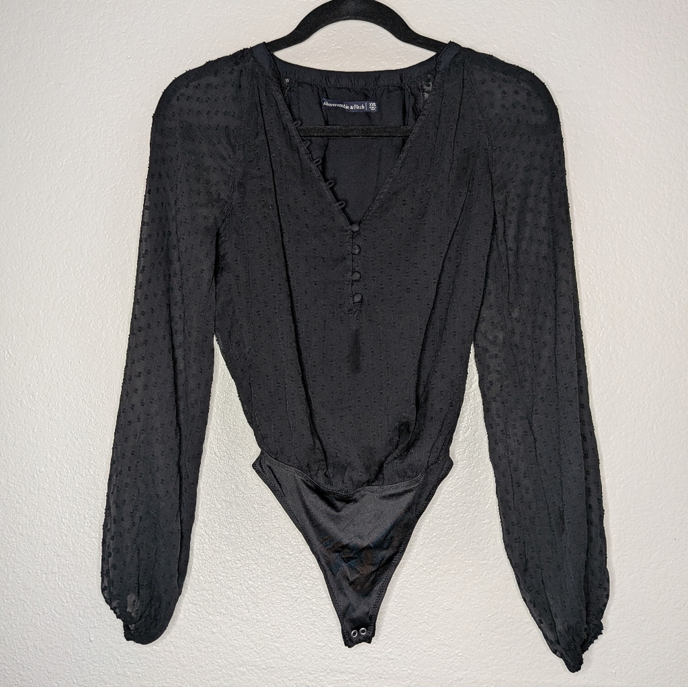 Abercrombie & Fitch Black Long-Sleeve Textured V-Neck Bodysuit